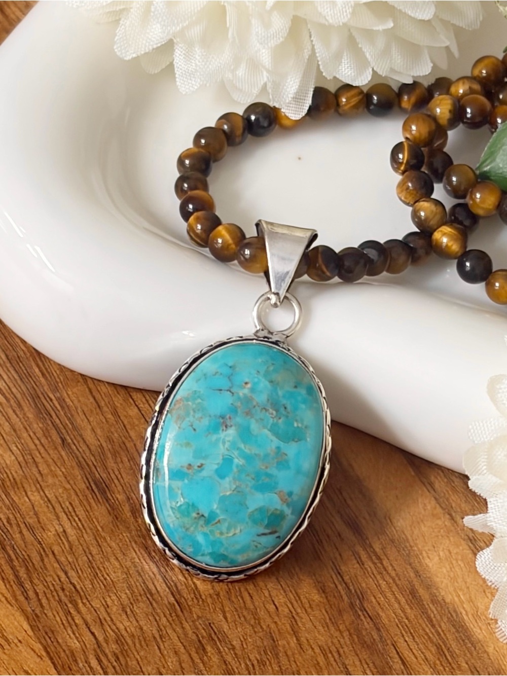 Mohave Turquoise Pendant Tiger’s Eye
Necklace New 925 Sterling Silver Overlay